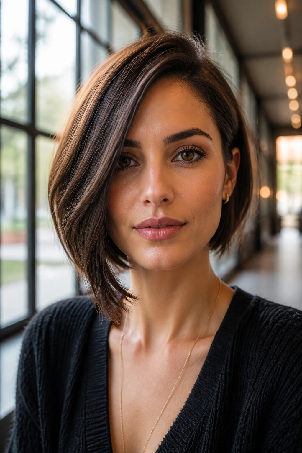 Real person wearing an asymmetrical bob that flatters a diamond face