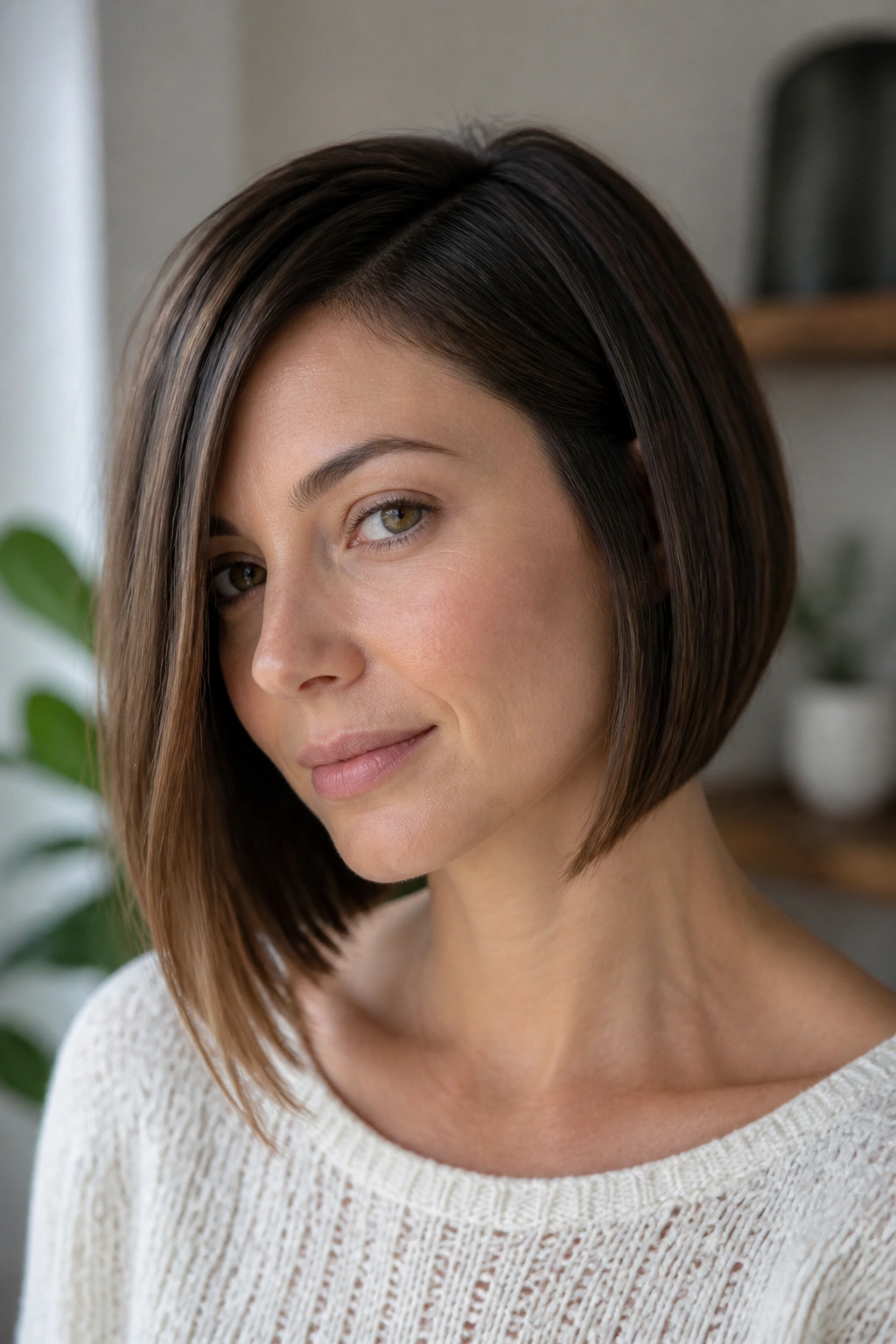 Close-up of a real woman with a subtle slightly asymmetrical bob in natural light