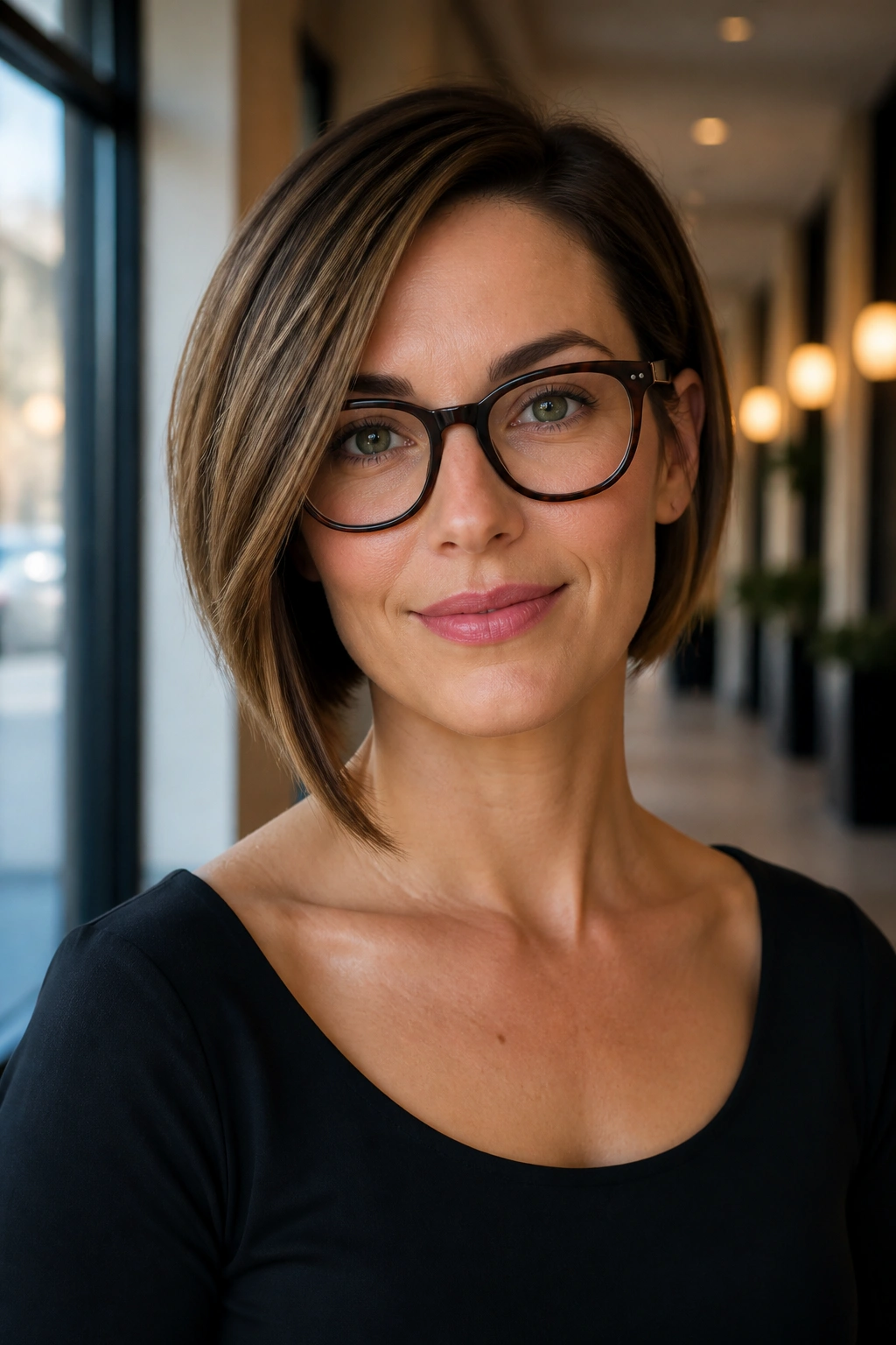 Real woman wearing an asymmetrical bob and glasses in a warm indoor hallway.