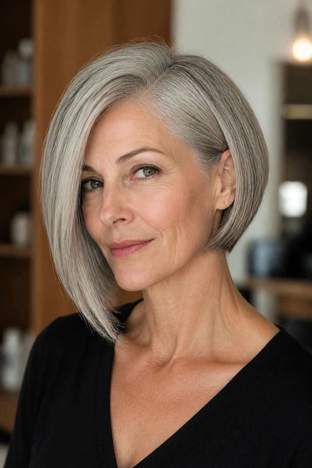 Close-up of a real woman with an asymmetrical bob and neck openness.