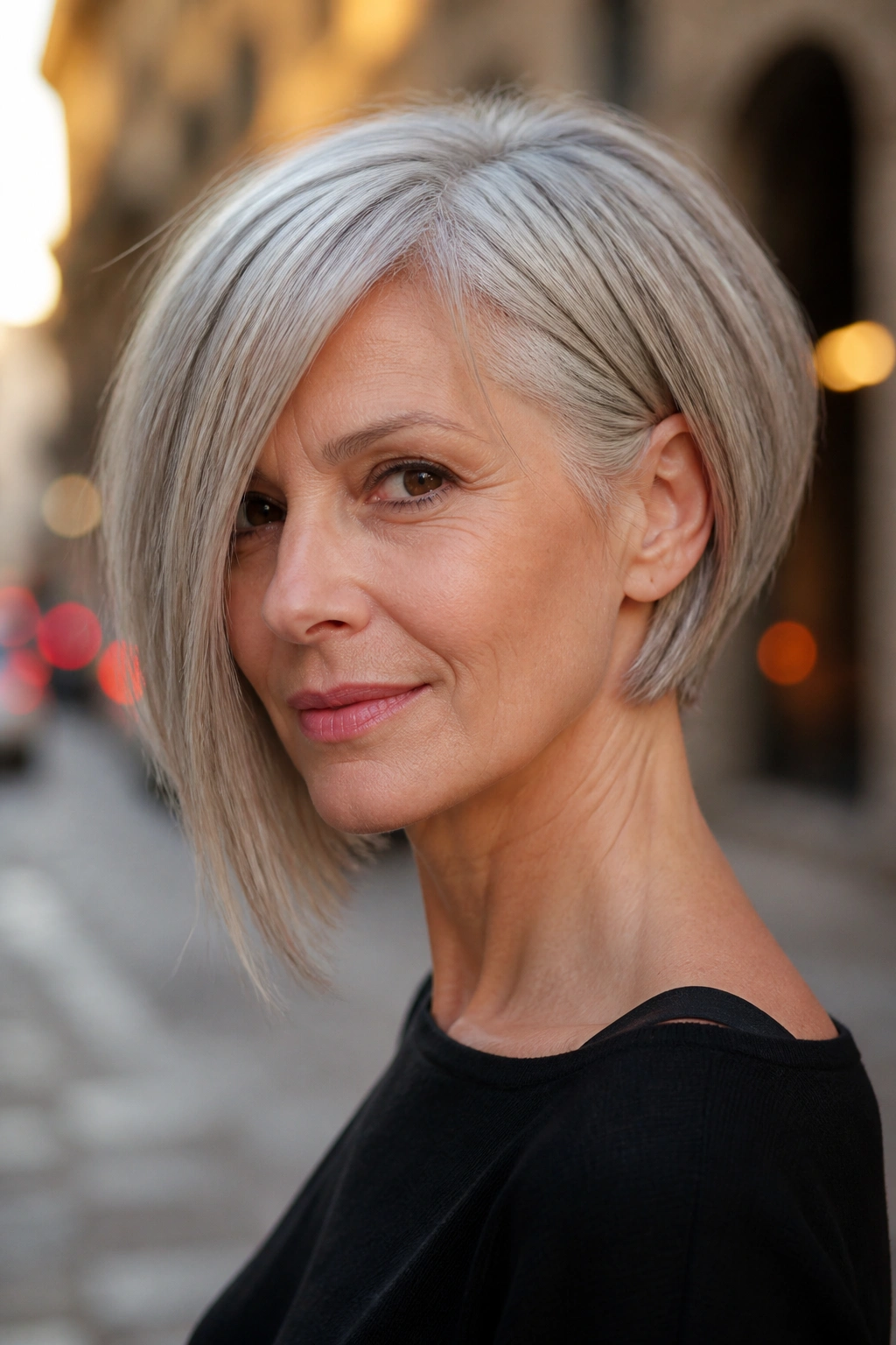 Portrait of a real woman with an asymmetrical bob and slight edge.