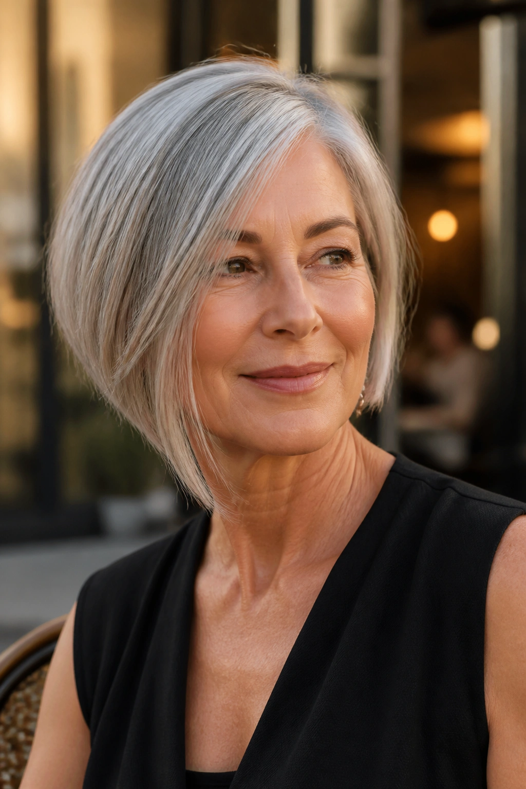 Close-up of an older woman with an asymmetrical bob hairstyle