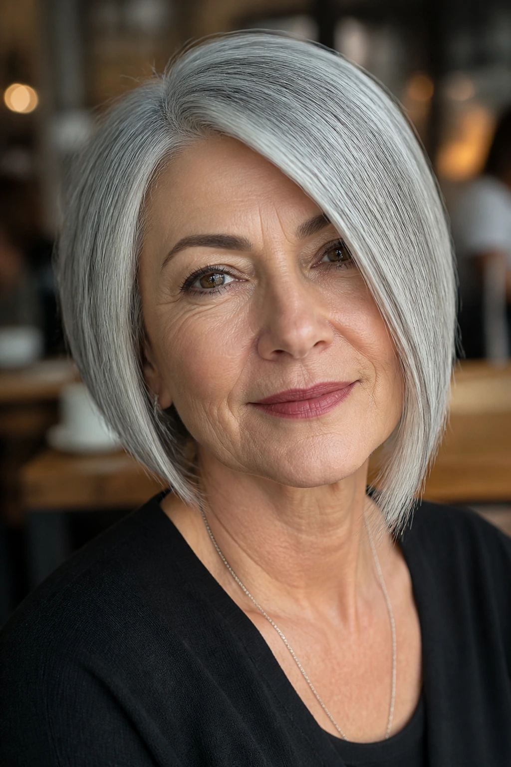 Portrait of a woman with an asymmetrical bob in gray hair