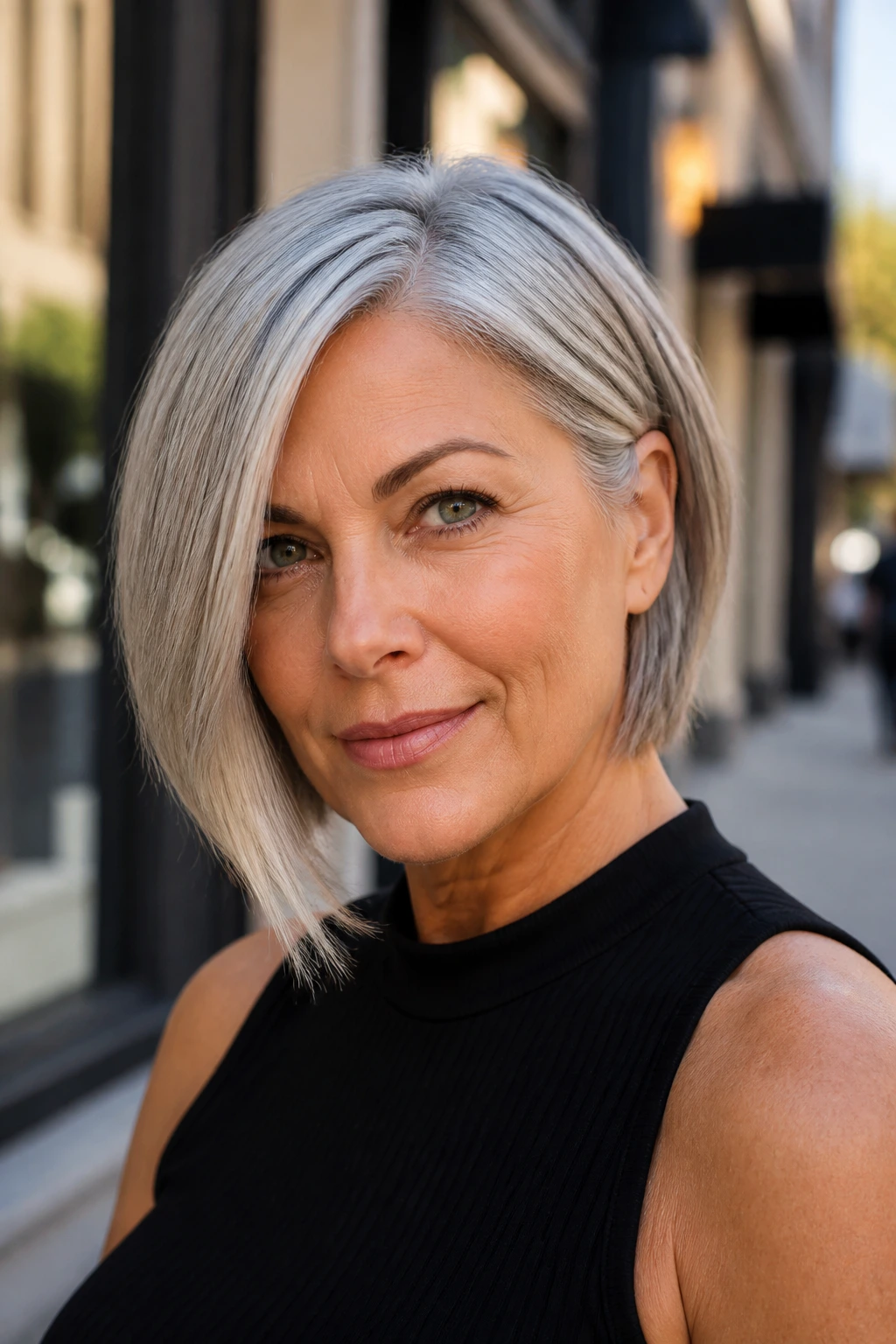 Close-up of real woman with asymmetrical bob in gray hair, one side longer