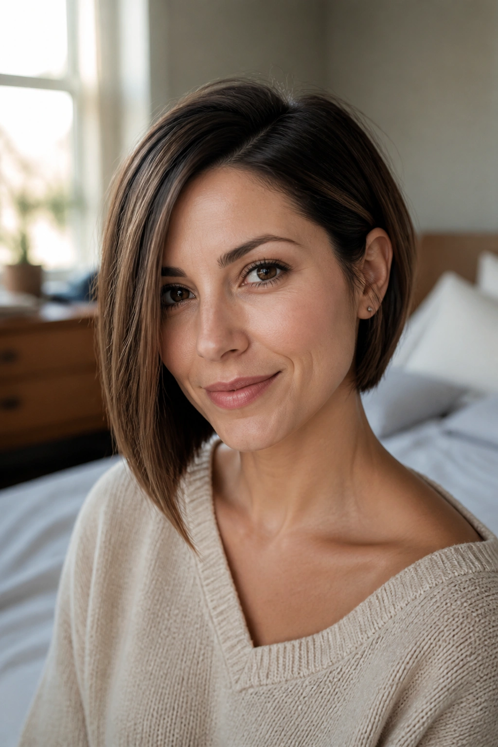 Close-up of a real woman with a subtle asymmetrical bob in natural bedroom light.