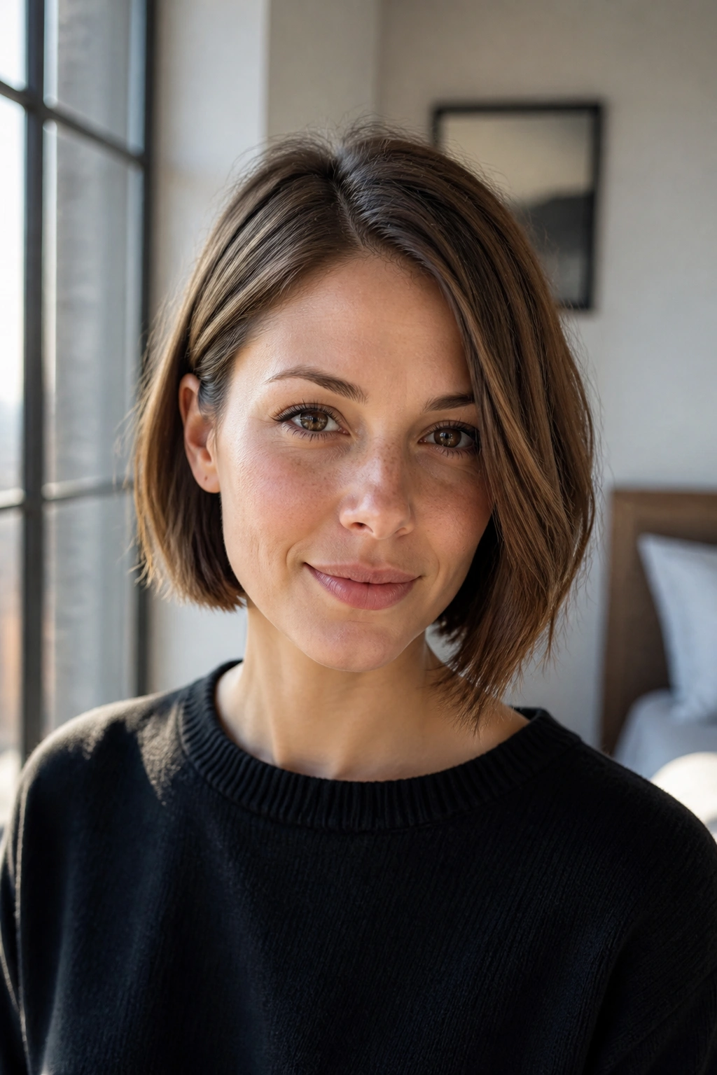 Close-up of a real woman's subtle asymmetrical bob with a slight longer side