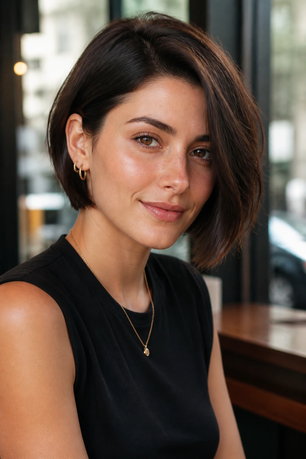 Portrait of a real woman with an asymmetrical ear-length bob in cafe window light