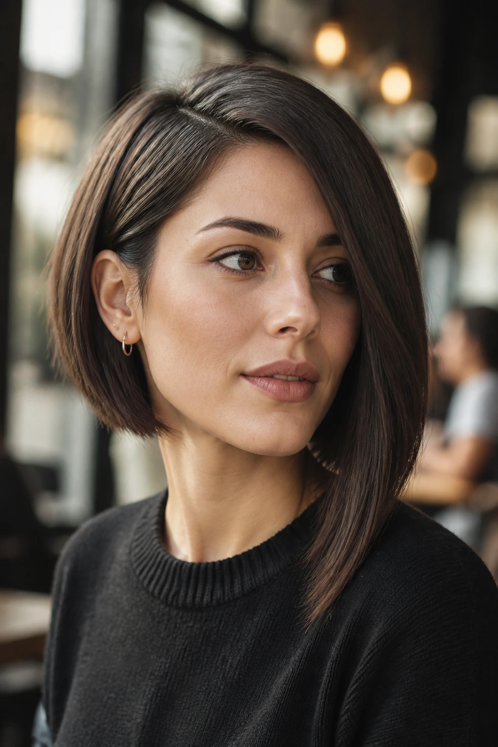 Portrait of a real woman with an asymmetrical bob showing longer side