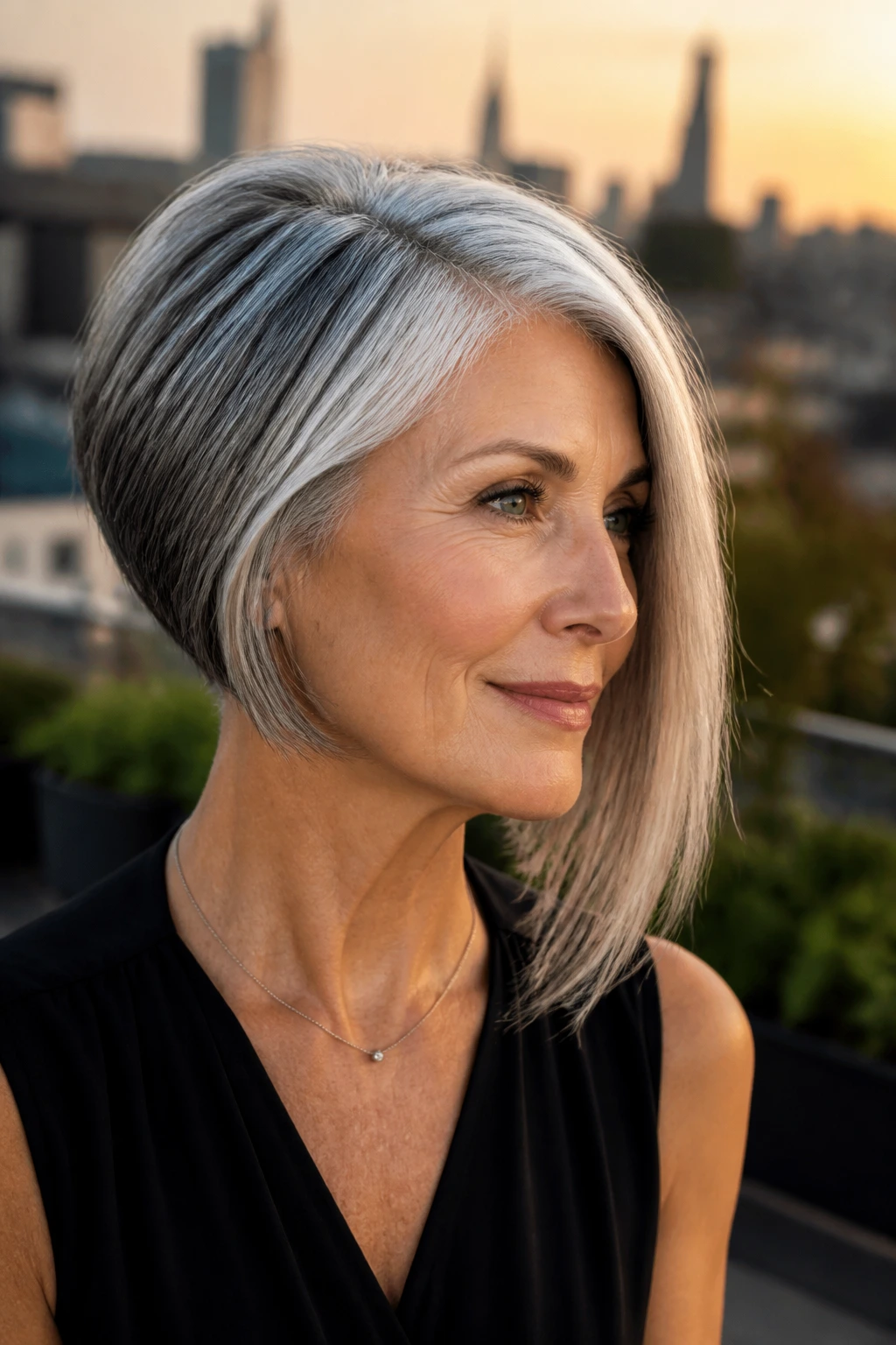 Close-up portrait of a real woman wearing an asymmetrical bob with a longer side