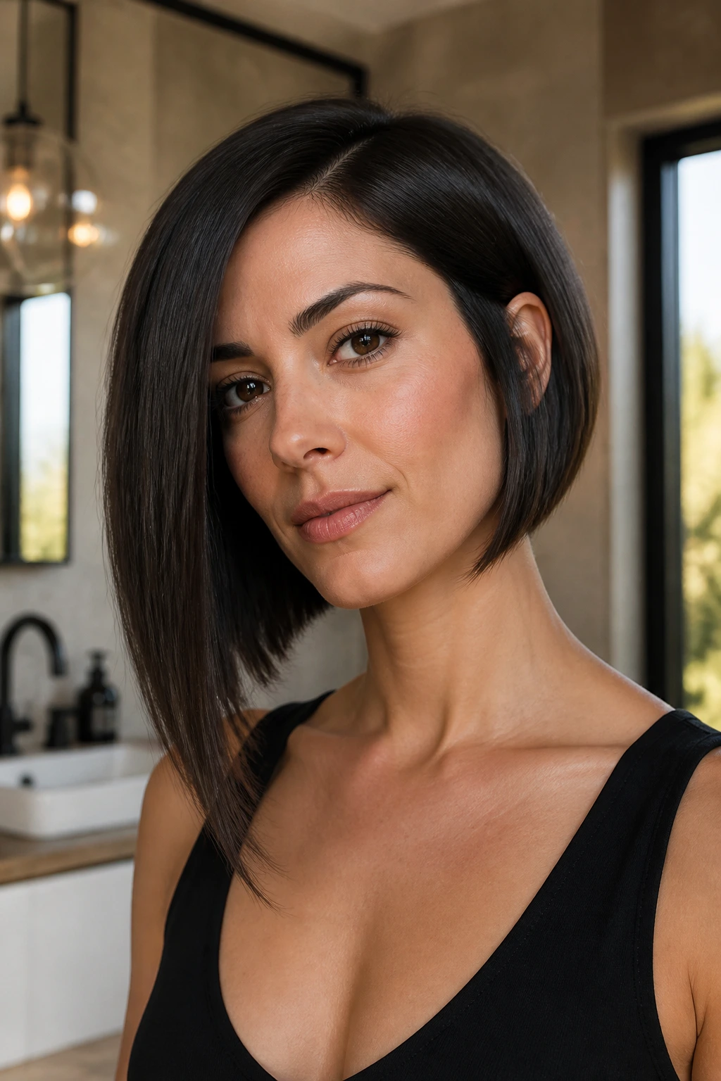 Close-up portrait of a real woman with an asymmetrical bob featuring a longer side, warm window light
