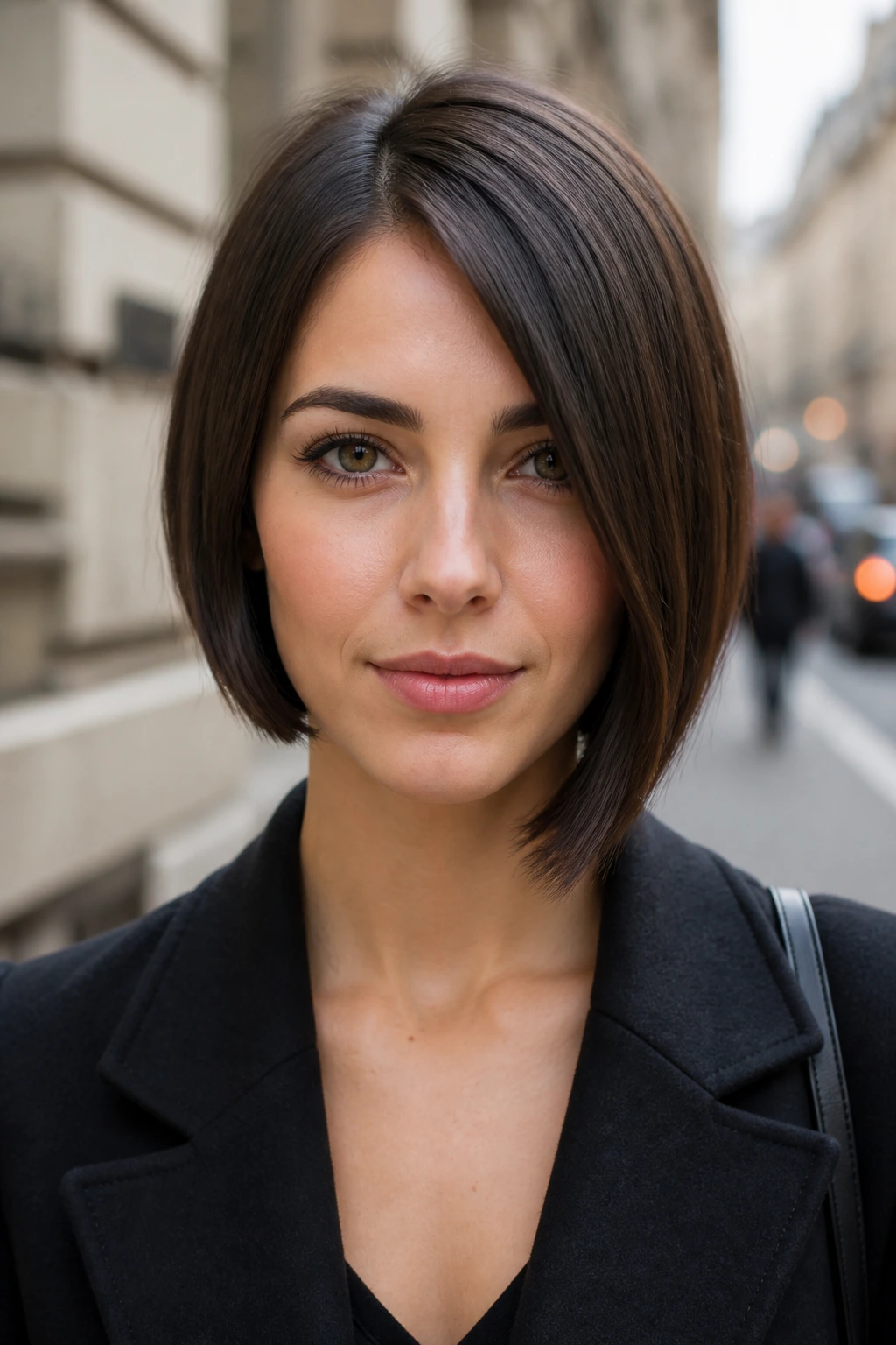 Frontal portrait of a real woman with a subtle asymmetrical bob showing a longer side