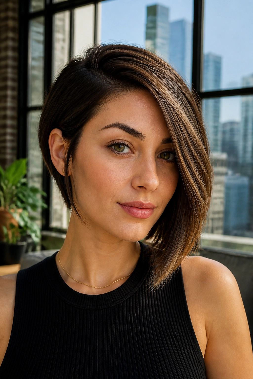 Real woman with an asymmetrical bob in a modern loft setting