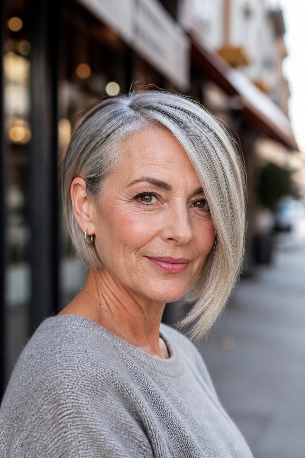 Real woman wearing an asymmetrical bob with a subtle longer side
