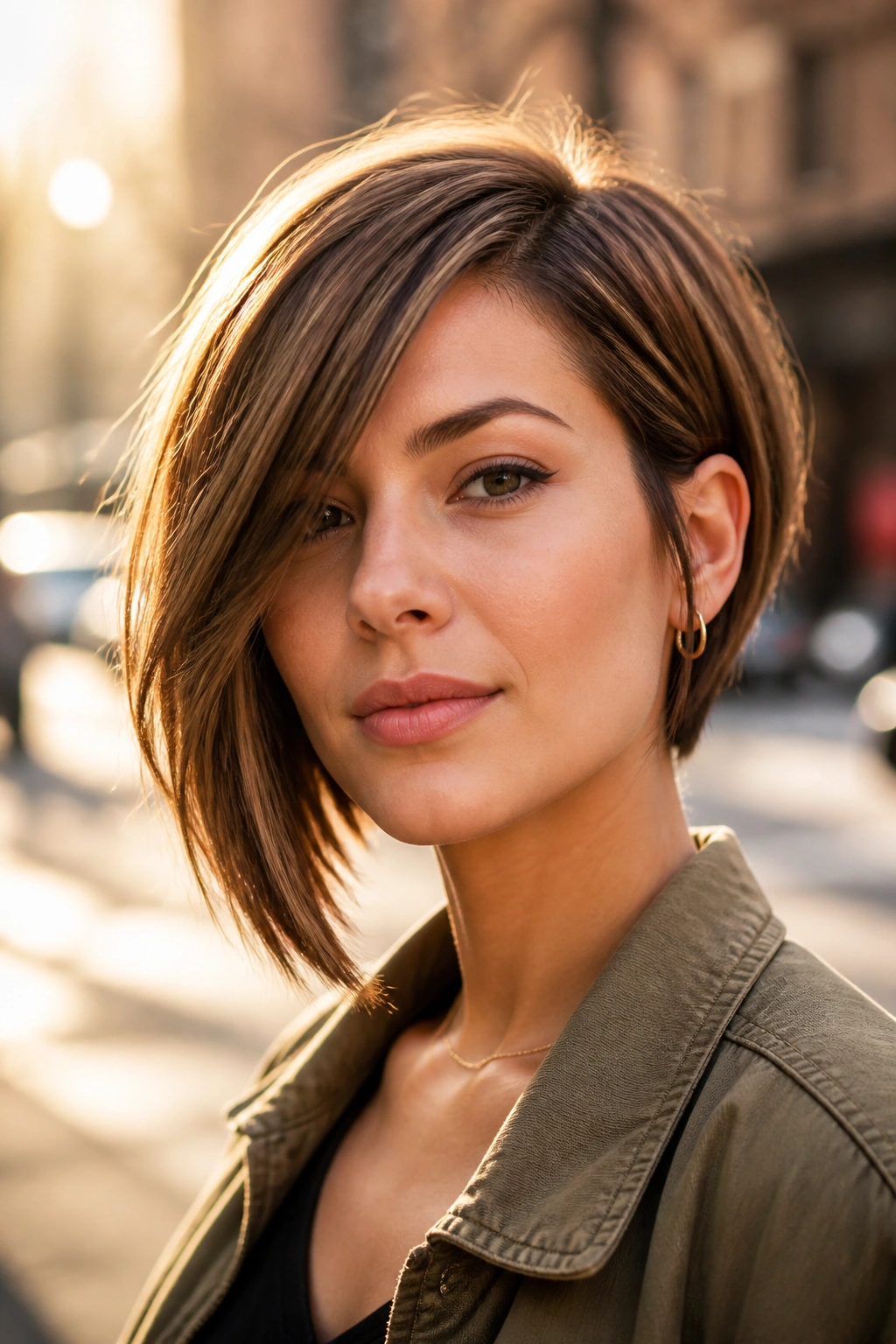 Portrait of a real woman with an asymmetrical bob.