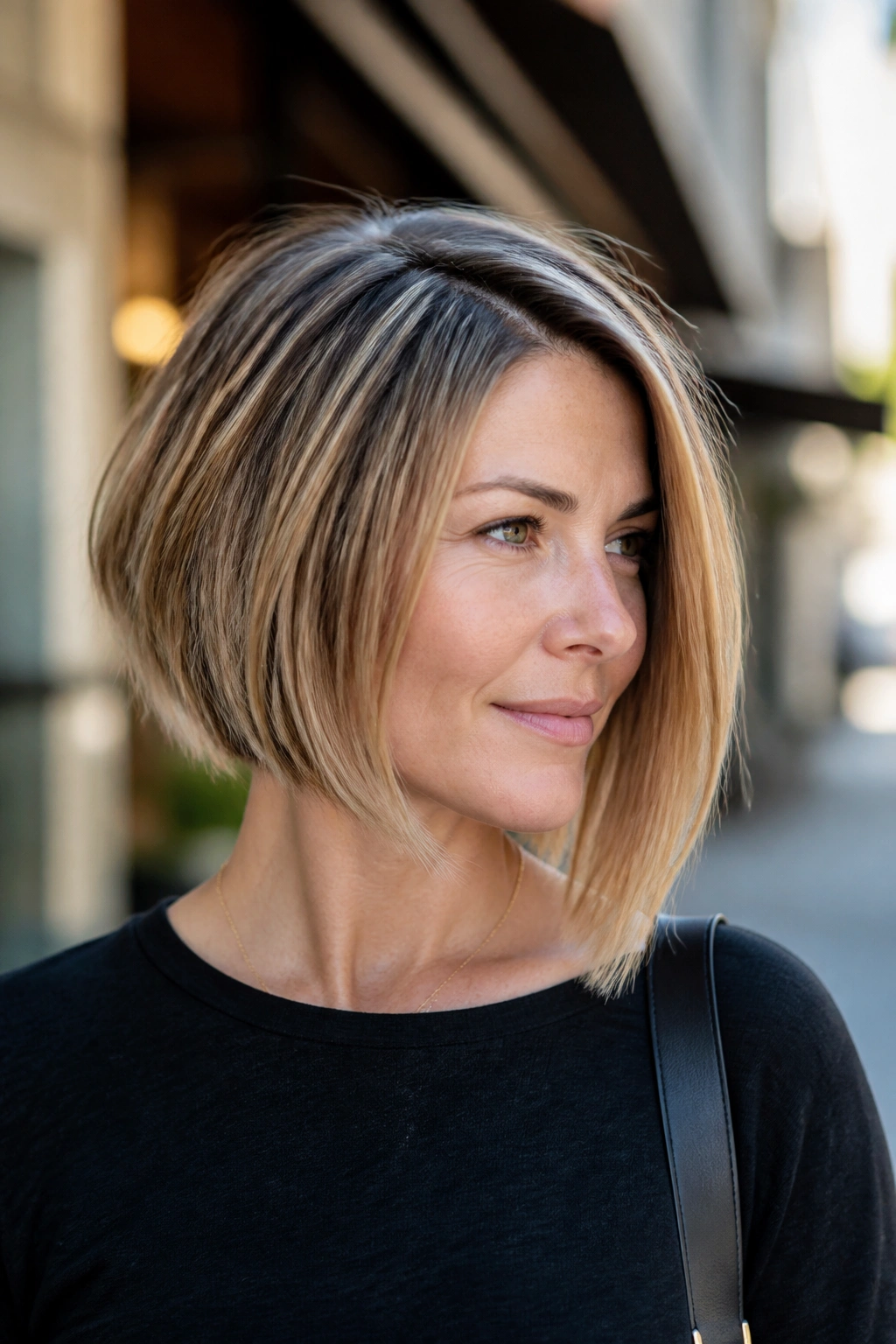 Real woman with asymmetrical bob showing length difference across sides