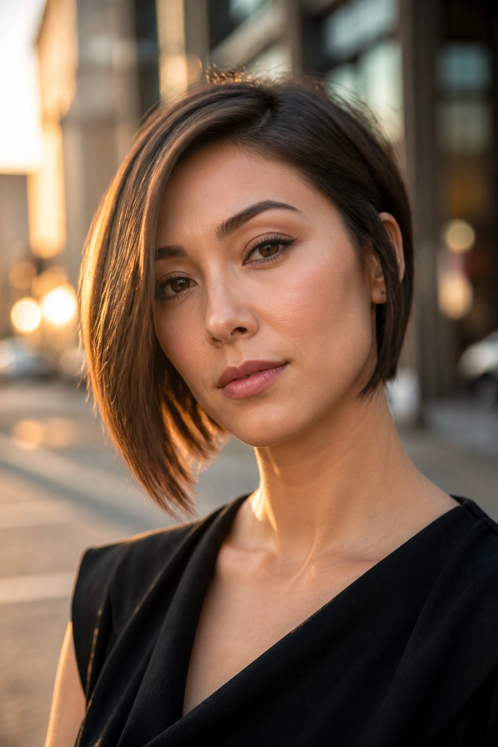 Close-up of a woman with an asymmetrical bob on an urban street at golden hour.