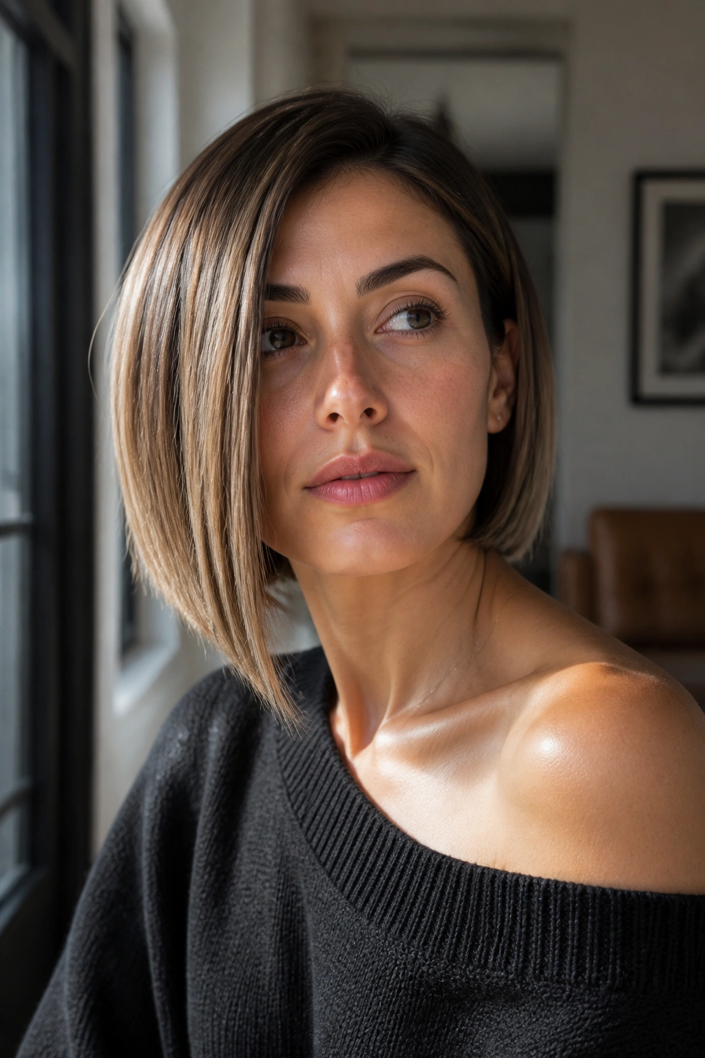 Portrait of a person with an asymmetrical bob showing unequal sides.