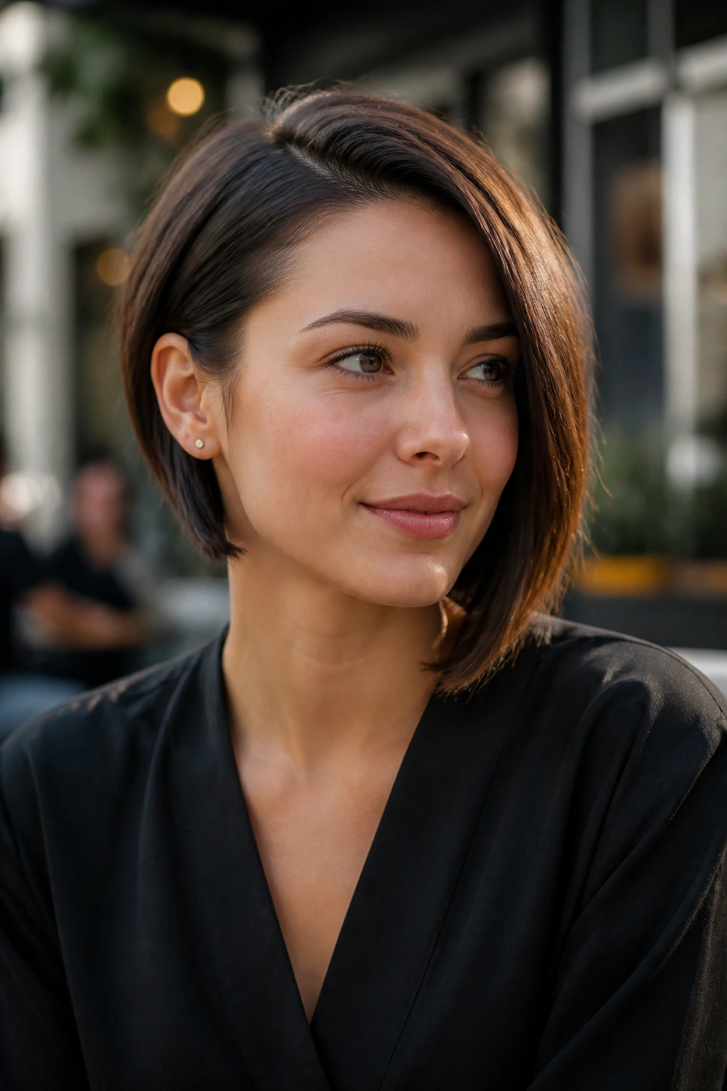 Close-up portrait of a woman with an asymmetrical bob haircut