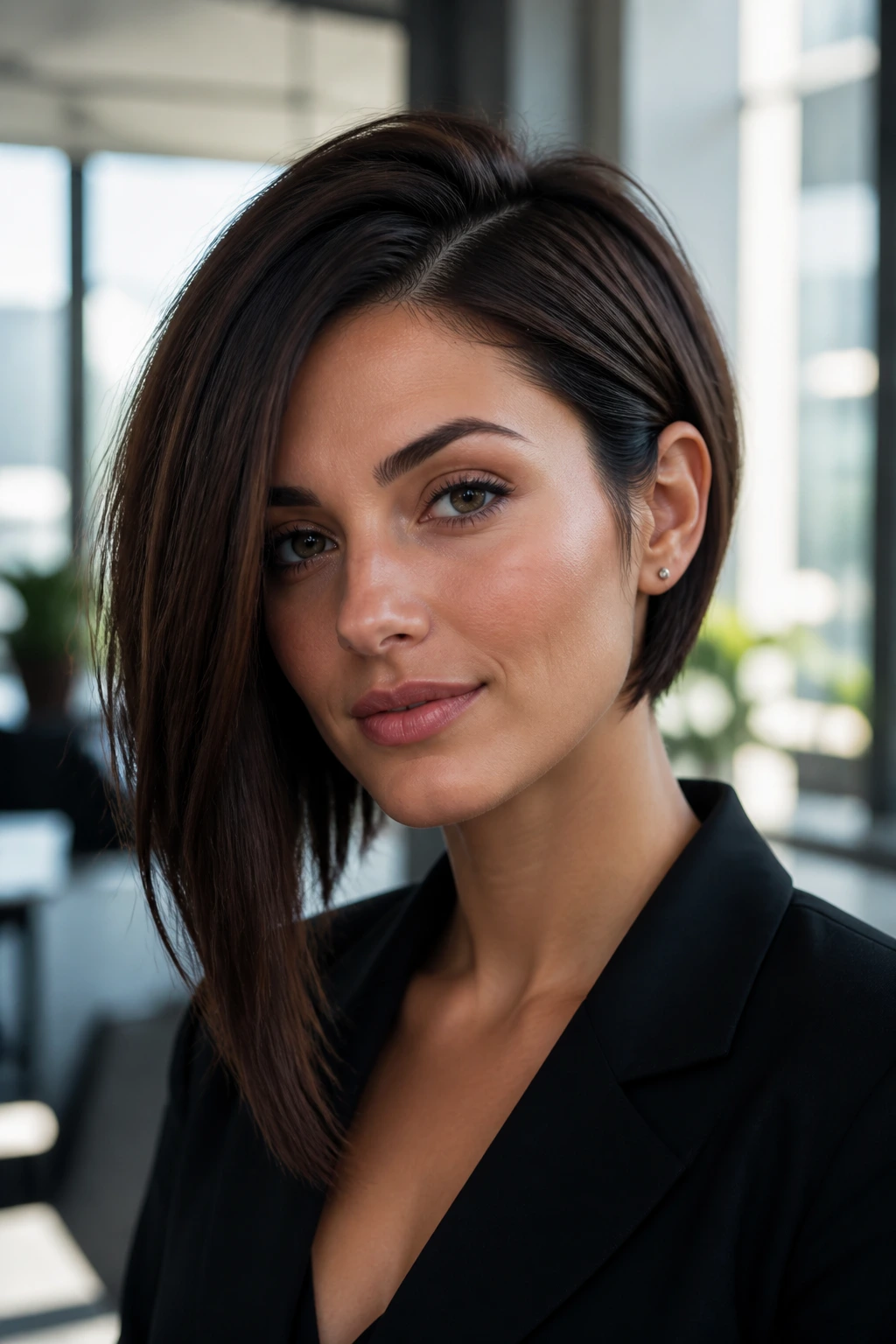 Close-up portrait of a woman with an asymmetrical bob