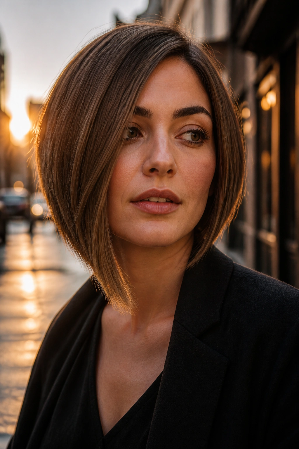 Portrait of a woman with an asymmetrical bob showing longer side.