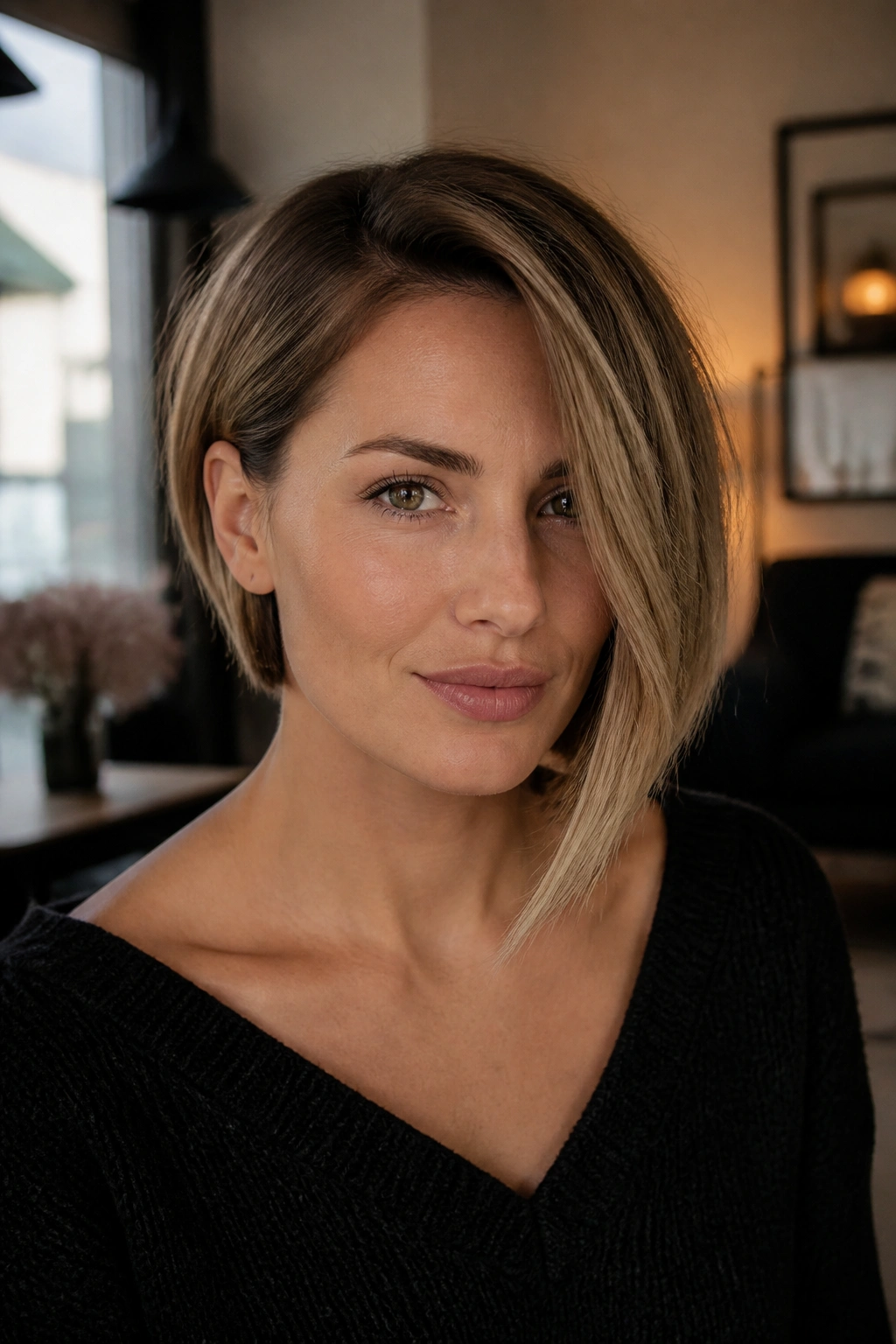 Close-up of a woman with asymmetrical bob in a warmly lit living room