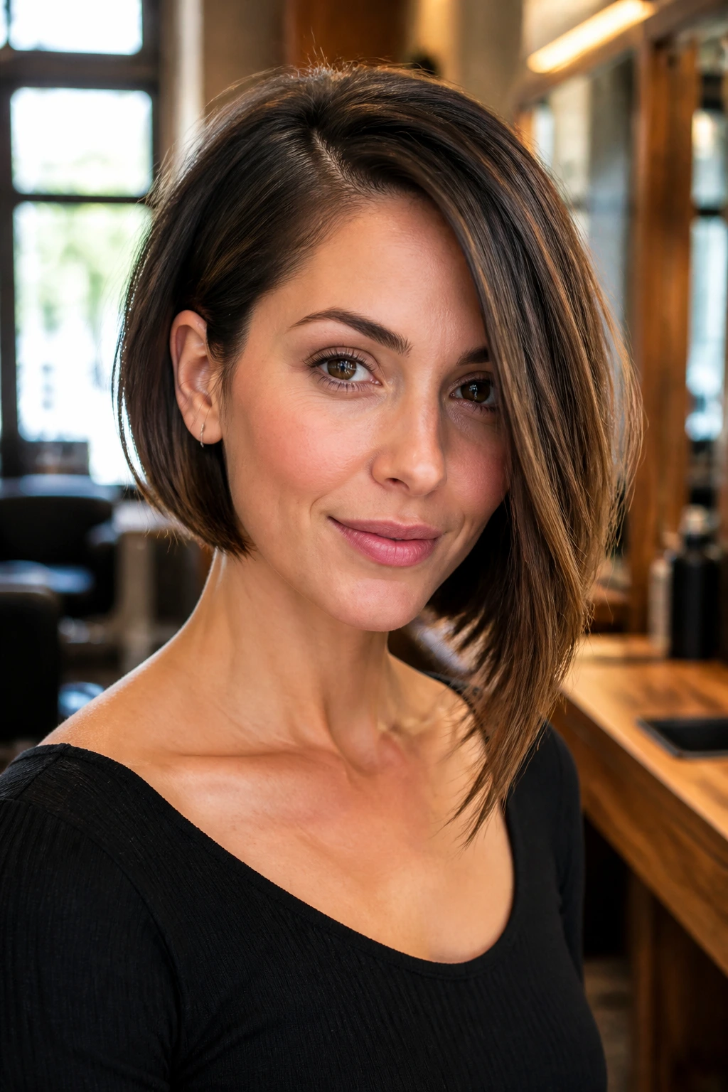 Close-up of a real woman with an asymmetrical bob in a modern salon