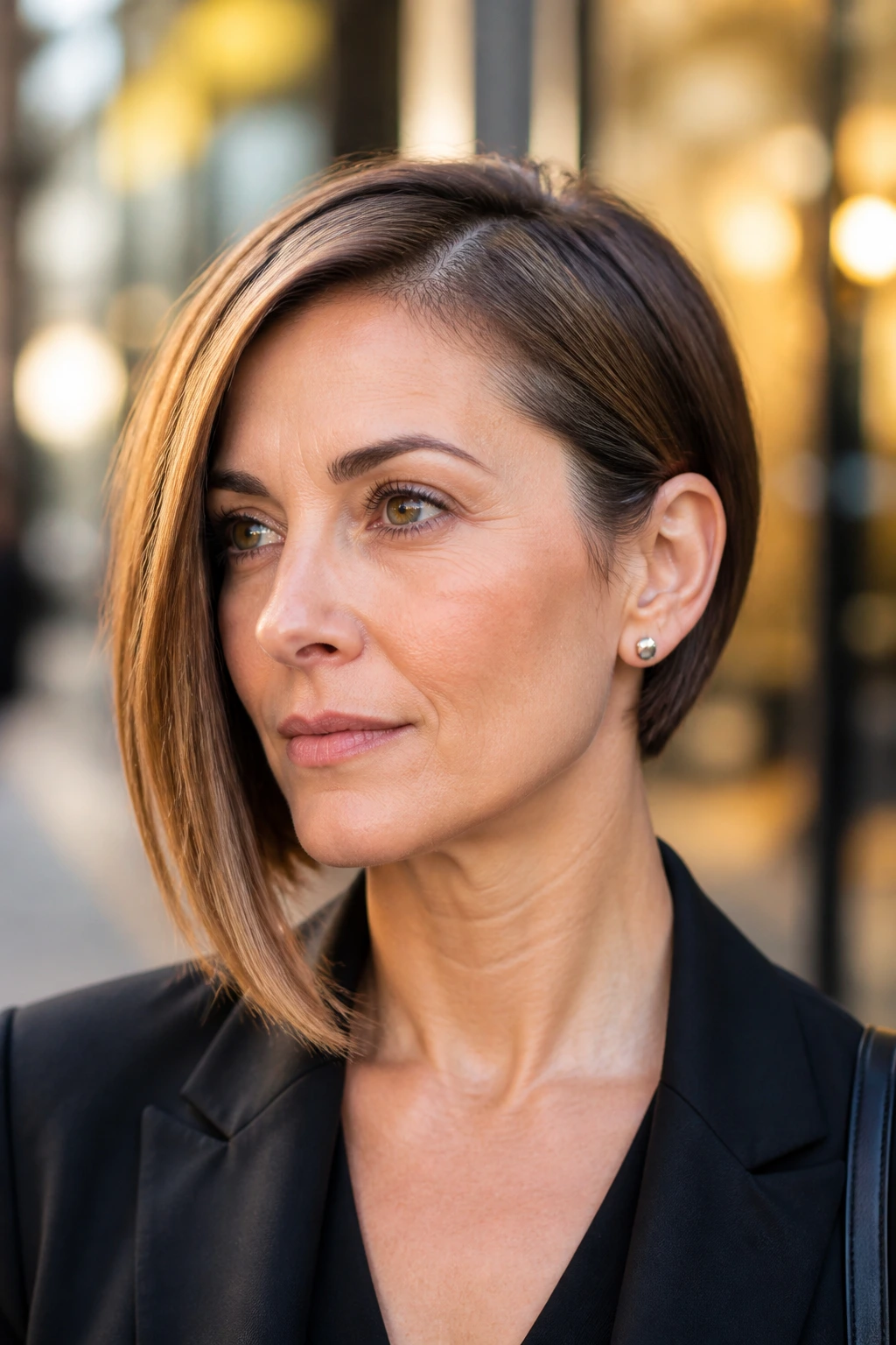 Real woman with asymmetrical bob showing subtle length difference in urban setting