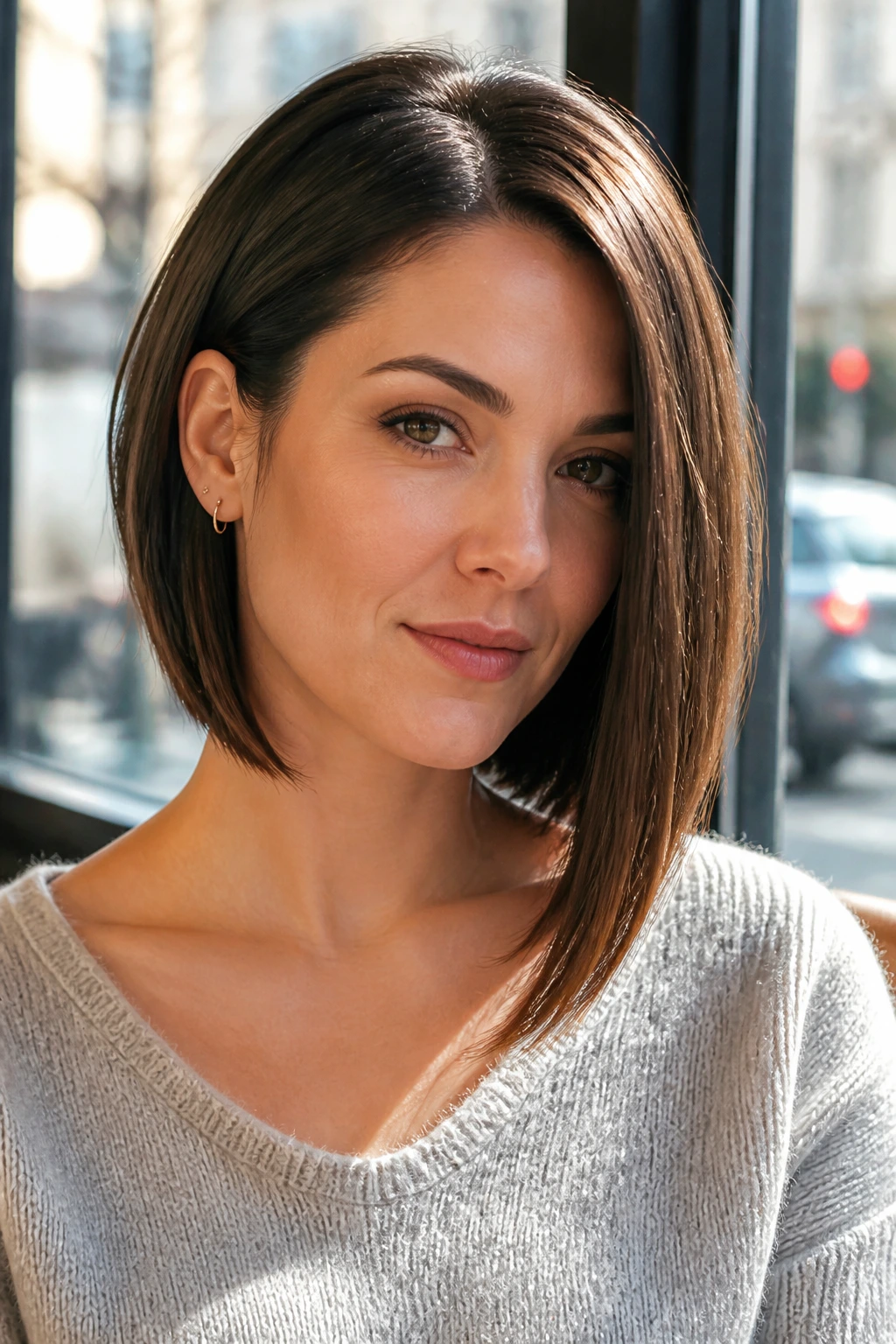 Portrait of a woman with an asymmetrical bob showing subtle length difference