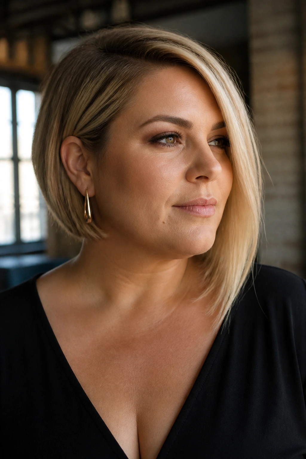 Close-up portrait of a real woman with an asymmetrical bob highlighting jawline in softly lit loft