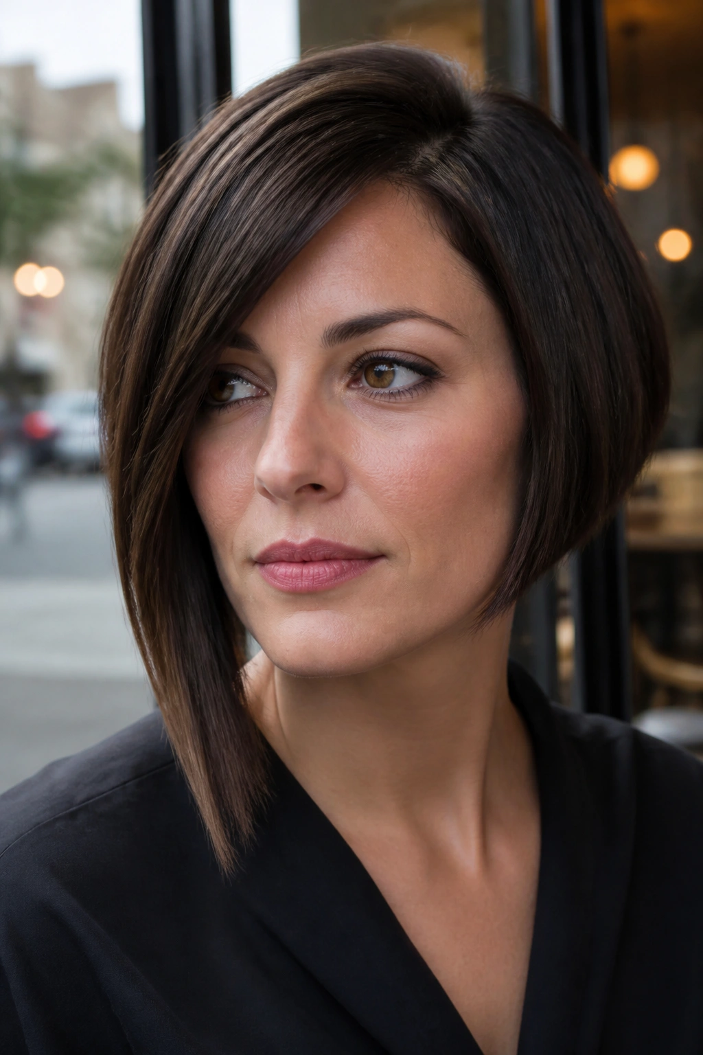 Portrait of a real woman with an asymmetrical bob showing one longer side.