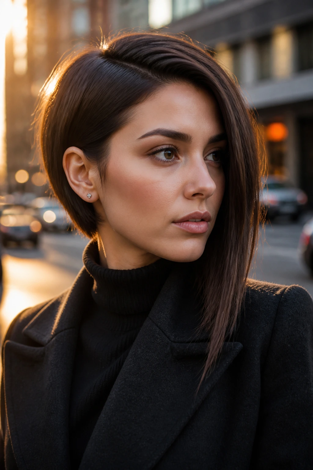 Real person with asymmetrical bob, longer side and shorter side, portrait in urban golden hour light