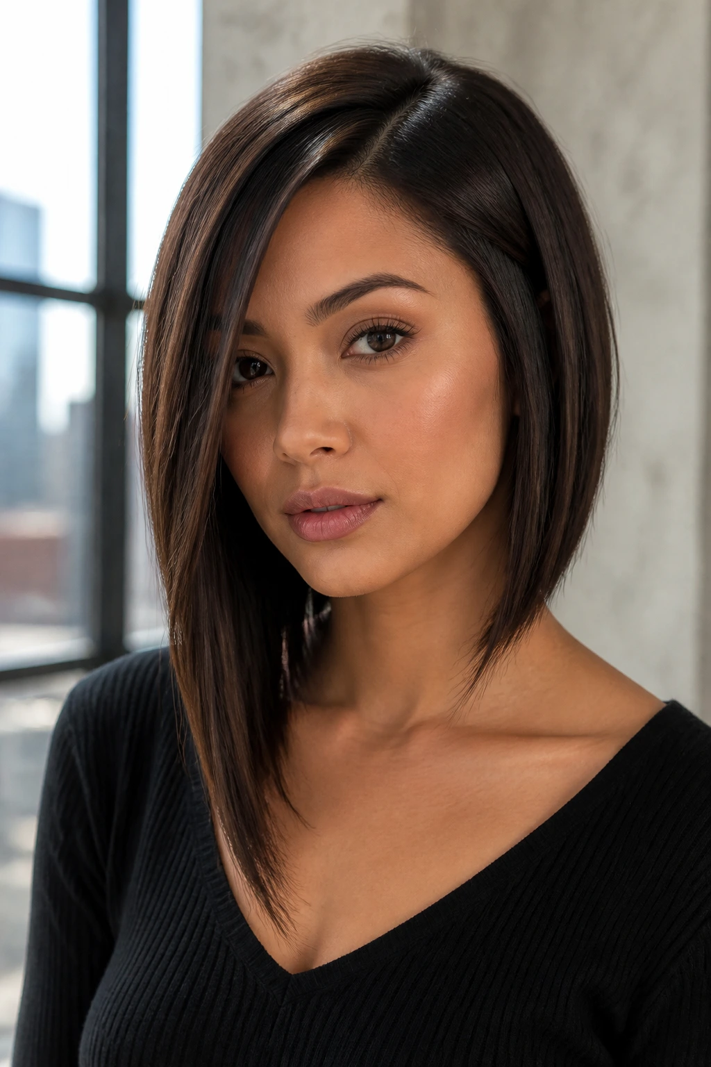 Close-up of a real woman with an asymmetrical long angled bob hairstyle under natural window light