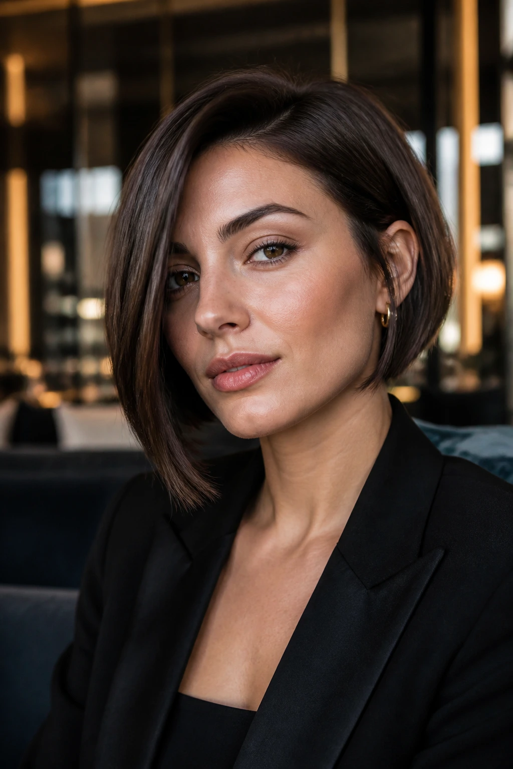Portrait of a real person with an asymmetrical Italian bob showing a subtle longer side.