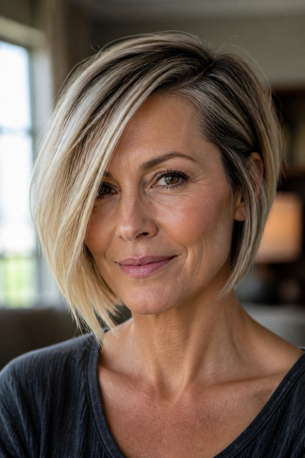 Close-up of a real woman with an asymmetrical bob and deep side part