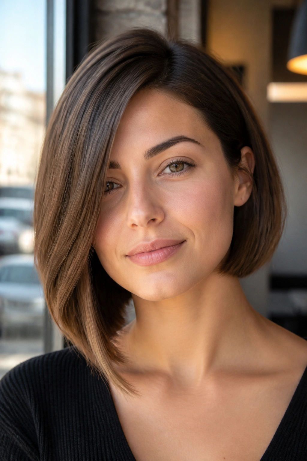 Close-up of real woman with an asymmetrical bob showing subtle length difference