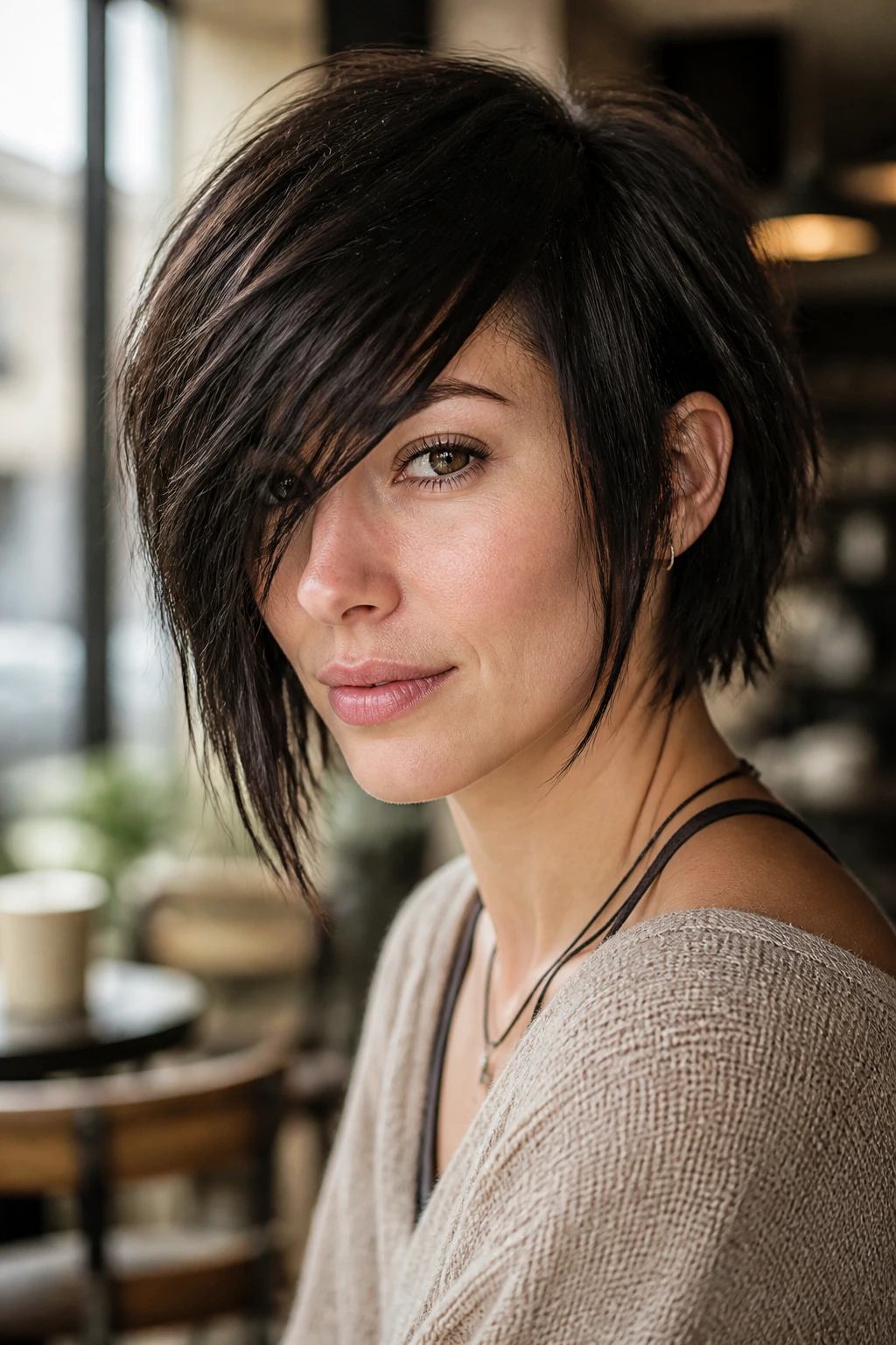Close-up portrait of a real person with asymmetrical choppy bob and long bangs