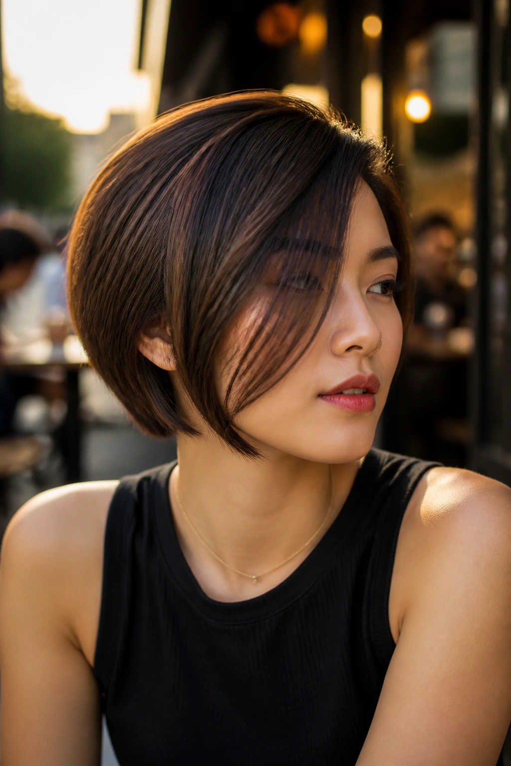 Close-up of a real woman with an asymmetrical bob and long side fringe