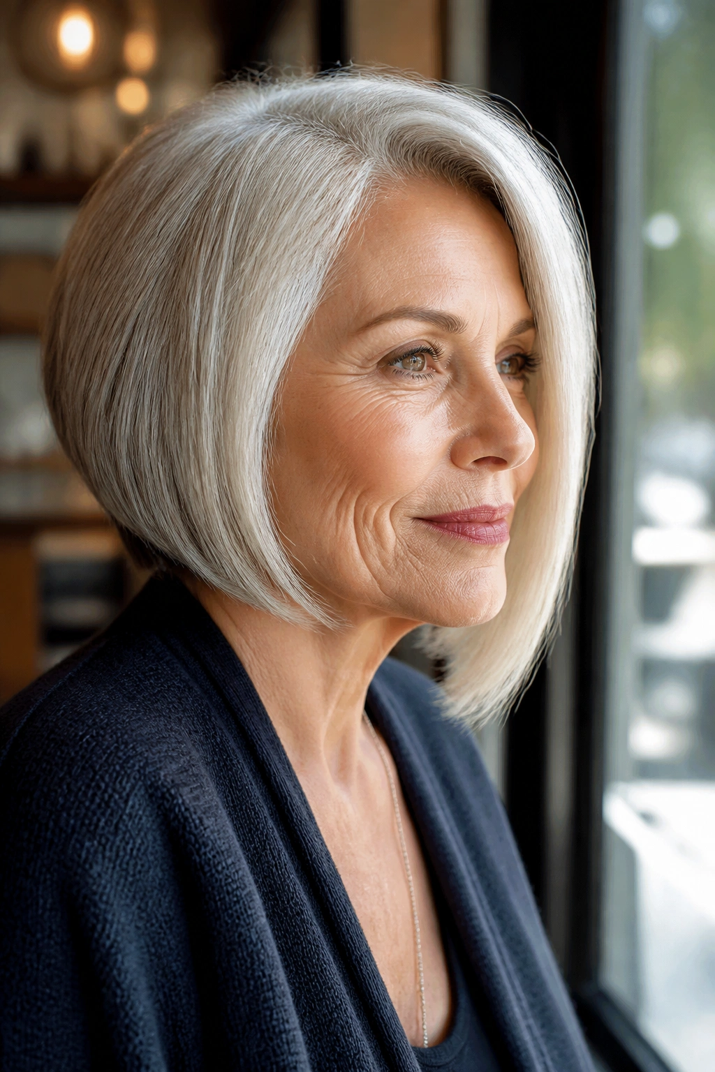 Close-up of a real woman with an asymmetrical bob featuring a longer front section in a cafe window light setting