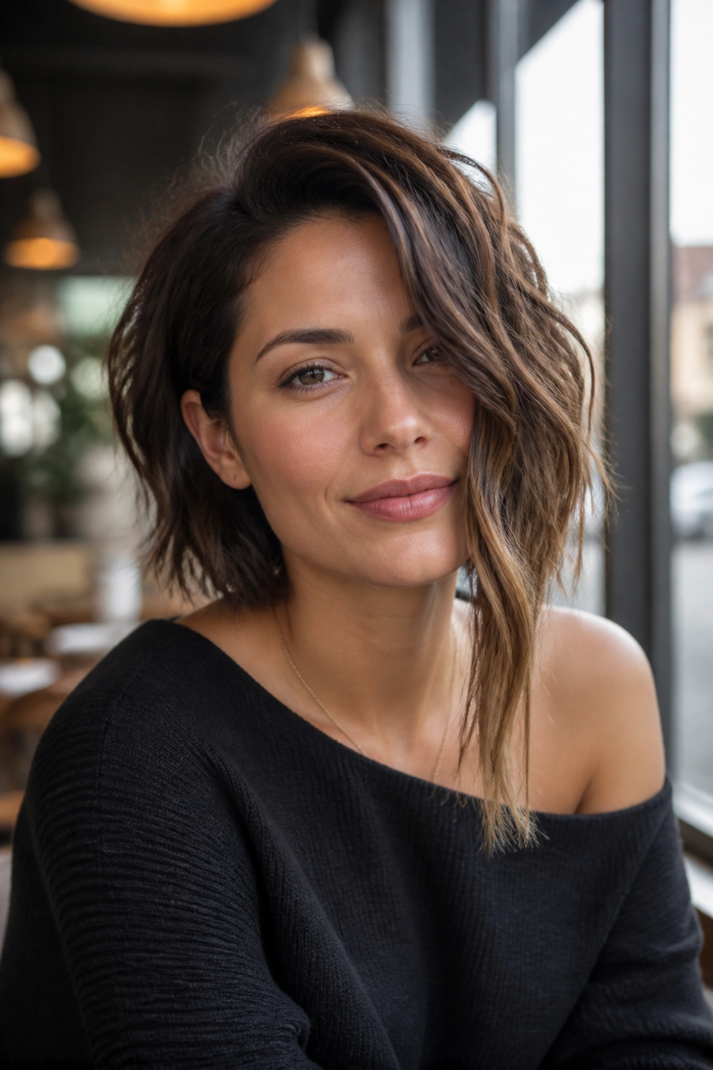 Portrait of real person with asymmetrical bob and long front piece in cafe light