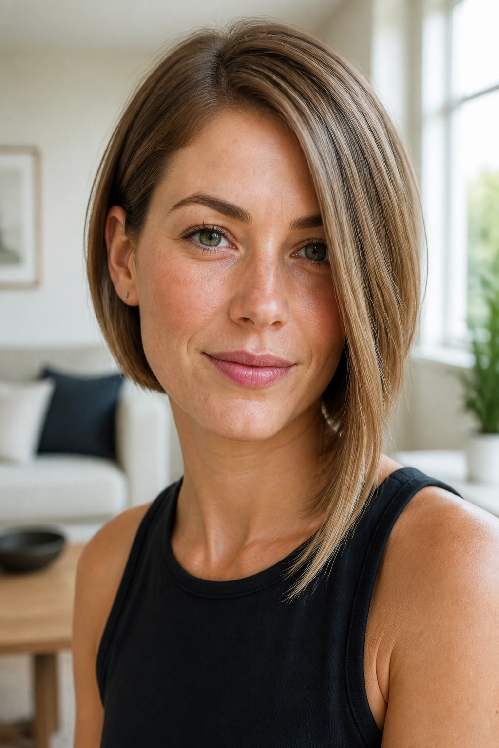 Close-up of a real woman with an asymmetrical bob having a longer side