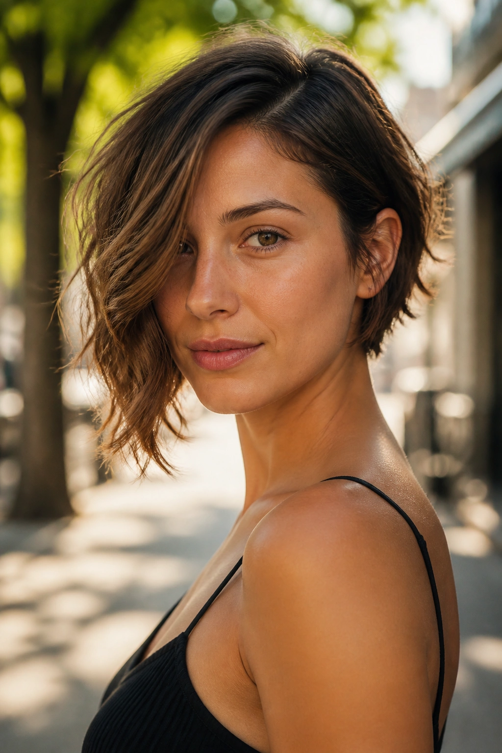 Portrait of a real woman with an asymmetrical bob and longer front, in natural sunlit street