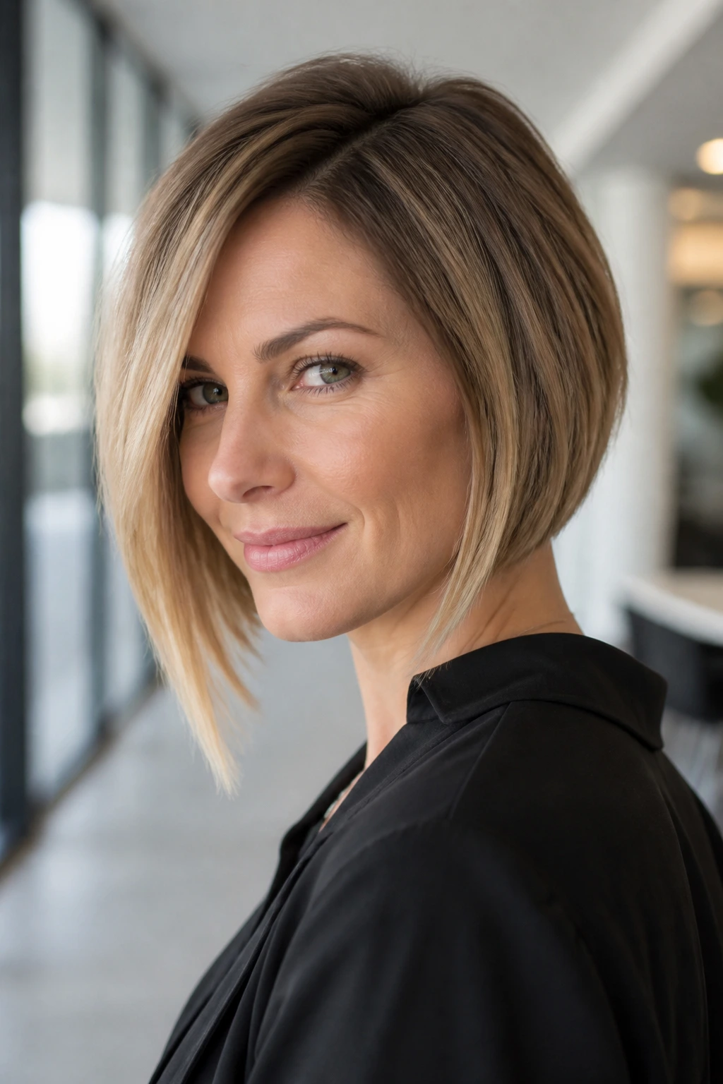 Close-up of a real woman with a subtle asymmetrical bob and a longer front piece.