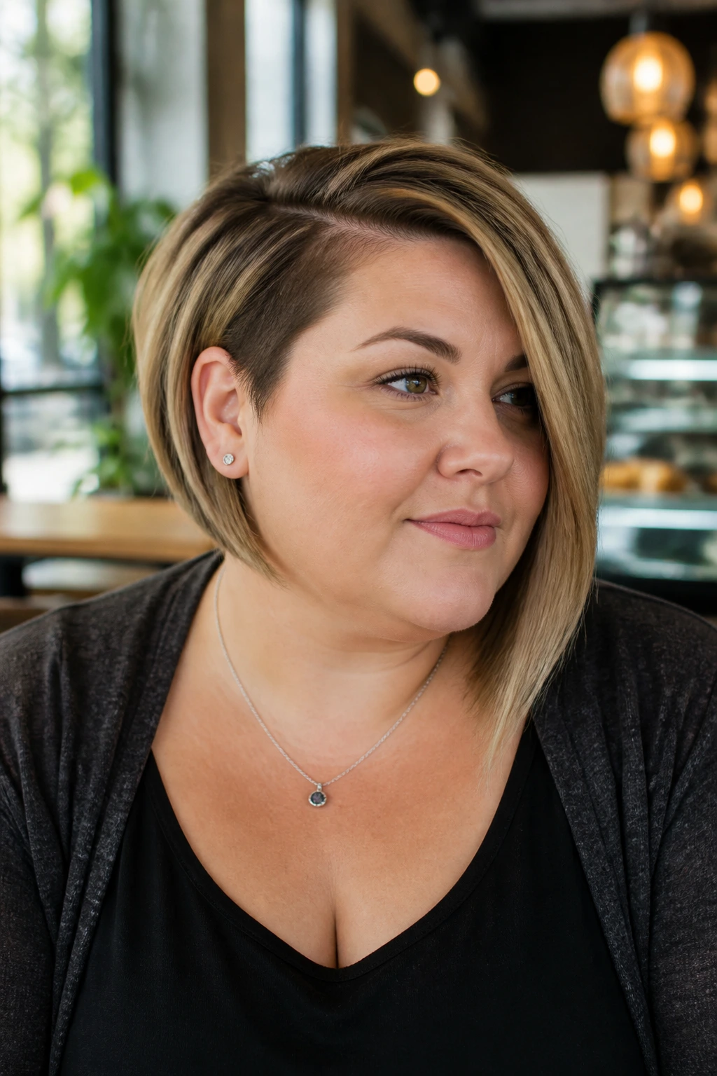 Real woman portrait with asymmetrical bob and longer front in soft daylight