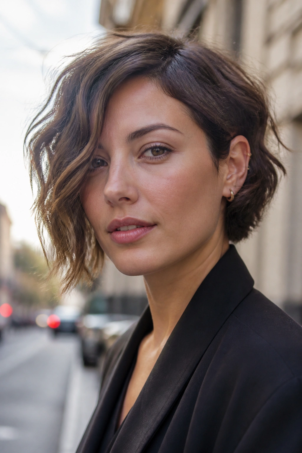 Portrait of a woman with an asymmetrical bob featuring a longer front