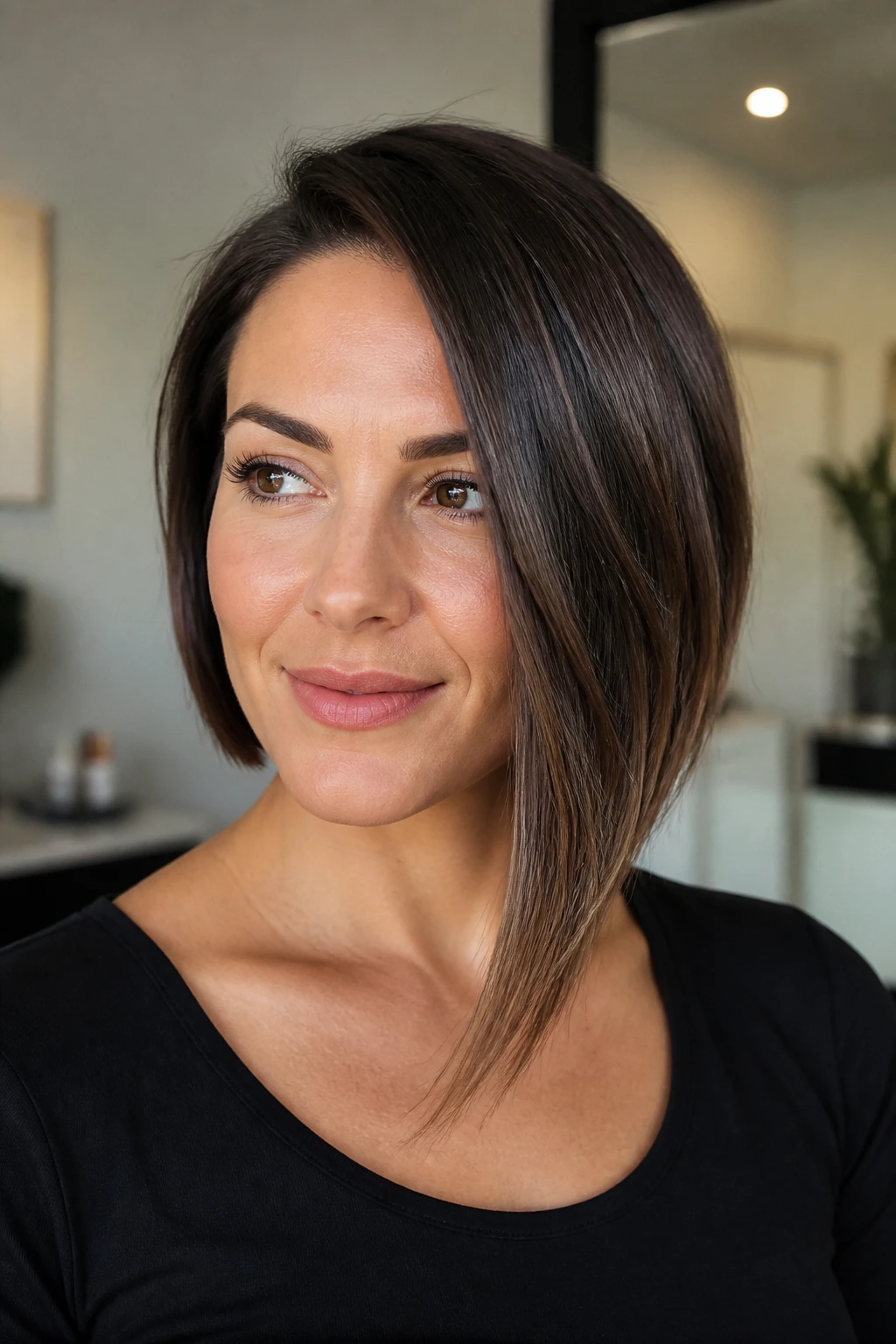 Portrait of a woman with an asymmetrical bob featuring a longer front side
