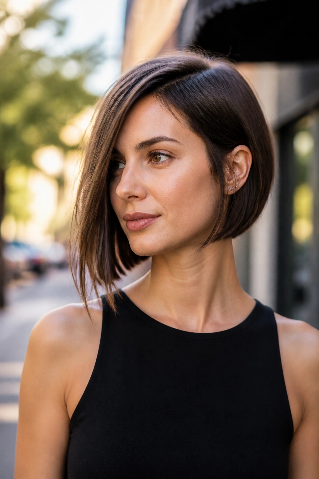 Portrait of a real woman with an asymmetrical bob and one longer side