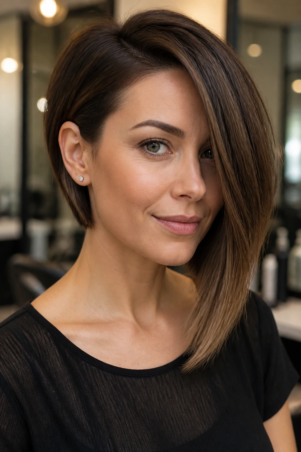 Close-up of a real woman with an asymmetrical bob longer on one side.
