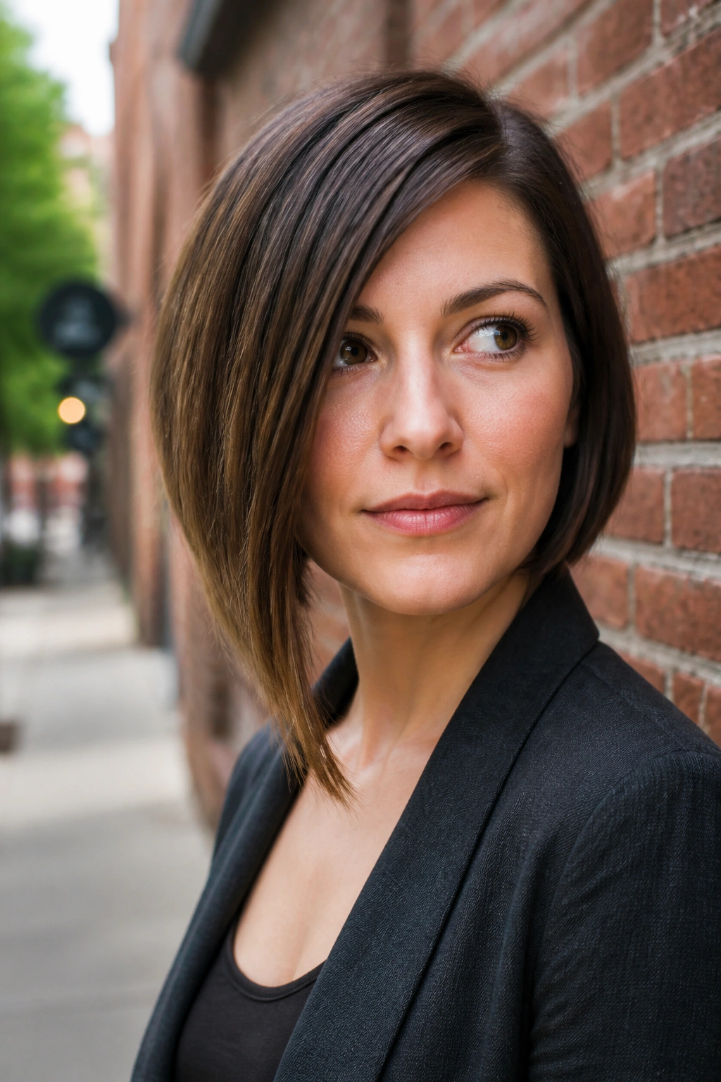 Close-up of a real woman with an asymmetrical bob on a city sidewalk