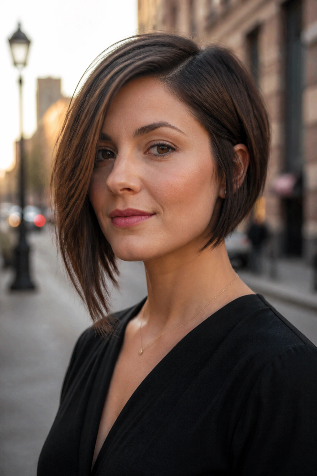 Close-up portrait of a real woman with an asymmetrical bob featuring a longer side