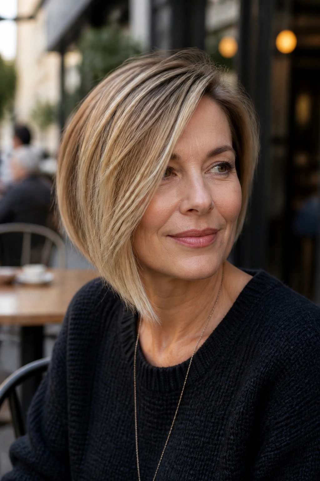 Real woman with asymmetrical bob showing one side longer in daylight outdoors.